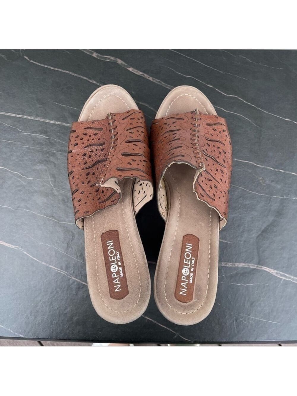NAPOLEONI women platform wedge sandals mules brown leather Sz 38 - Picture 14 of 16